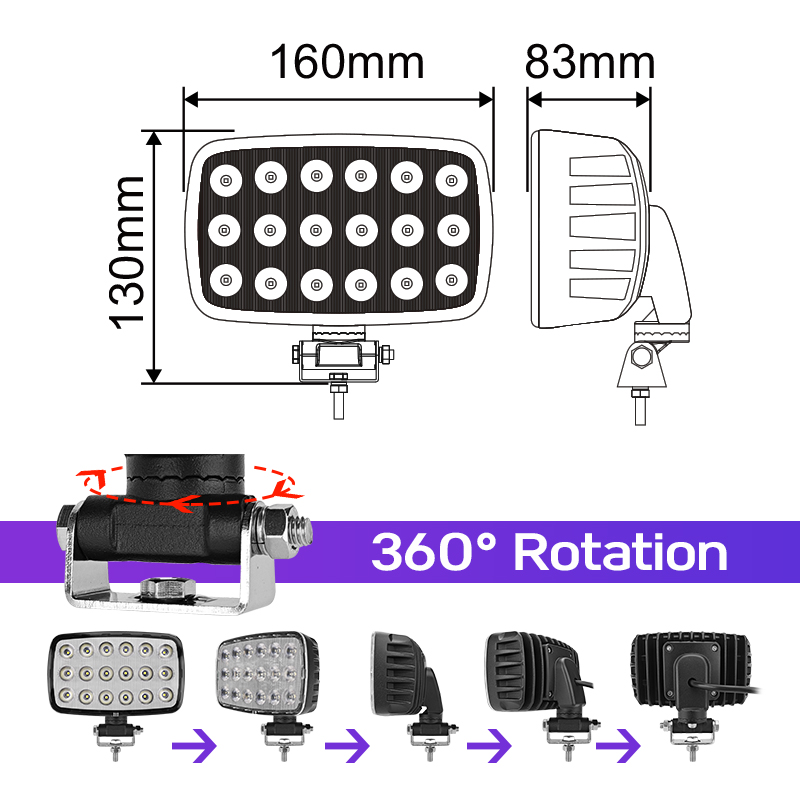 WETECH 90W 6.5" LED Work Lights Rectangular Swivel Bracket Flood WorkLight