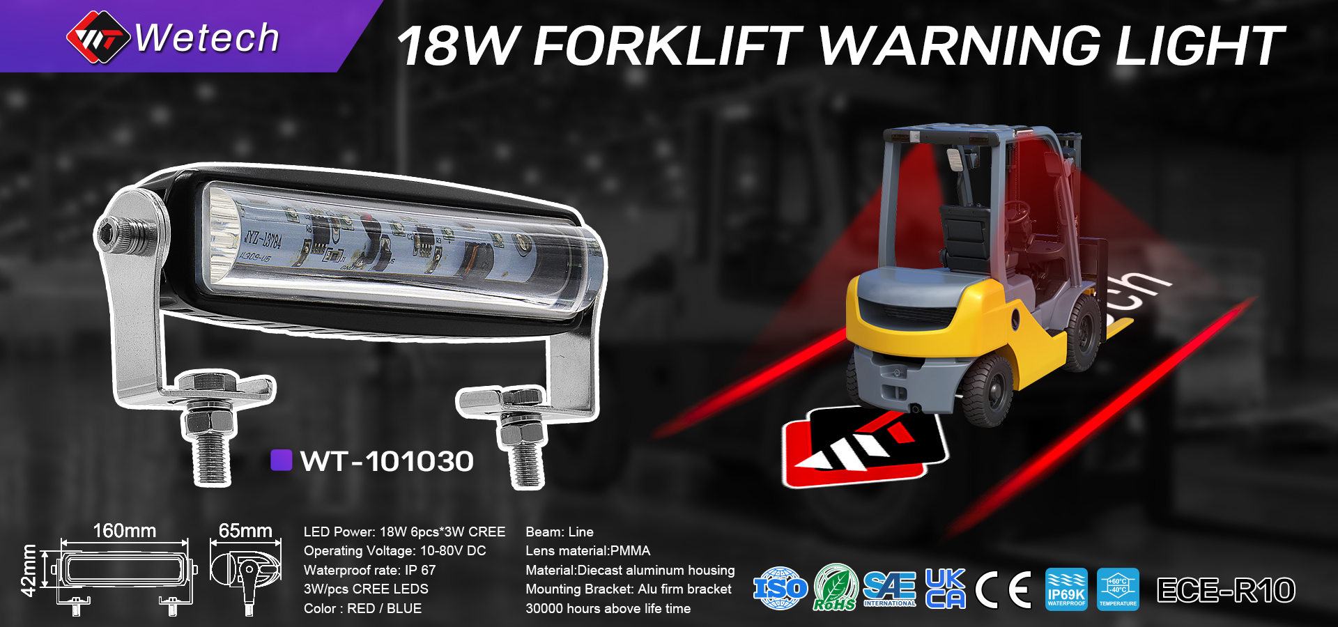 30W Forklift Warning Lights Line Beam Red Zone Light