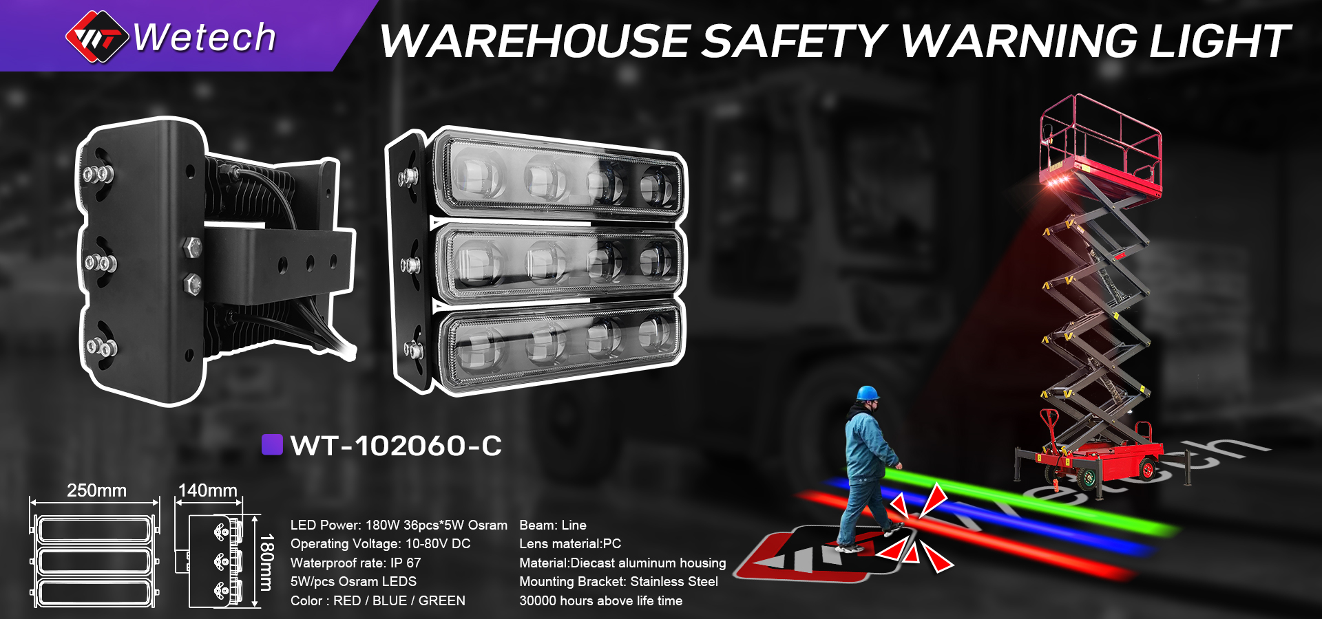 WETECH 180W High Power LED Overhead Crane Warning and Safety Lights