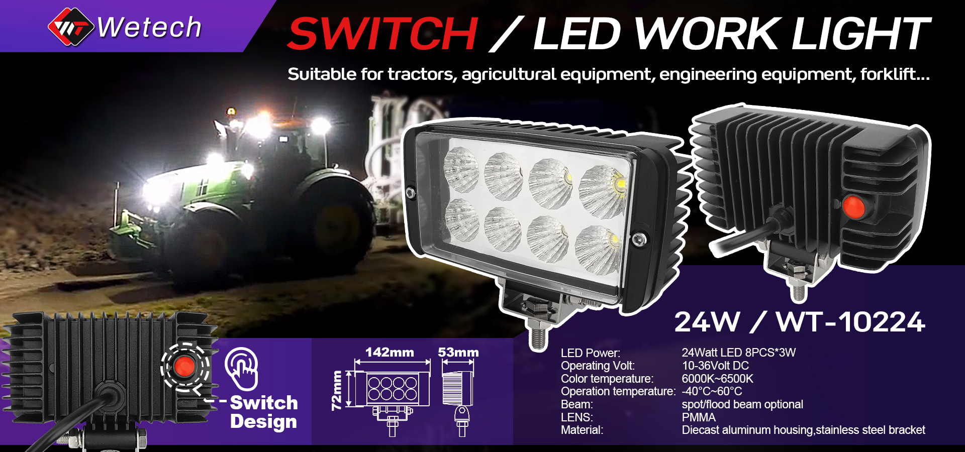 WETECH 24W 5" LED Auxiliary Spot Light Off-road Driving Lights with Switch