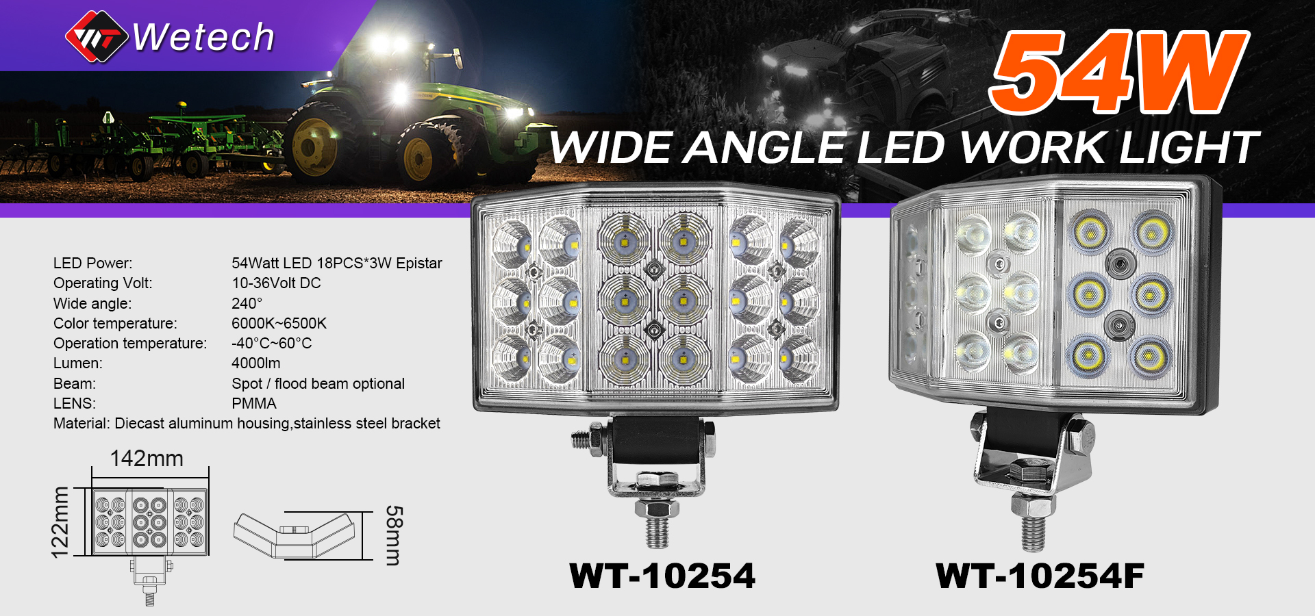 WETECH 54W 6-дюймовые светодиодные рабочие фары с широким углом обзора 240°, суперпрожектор