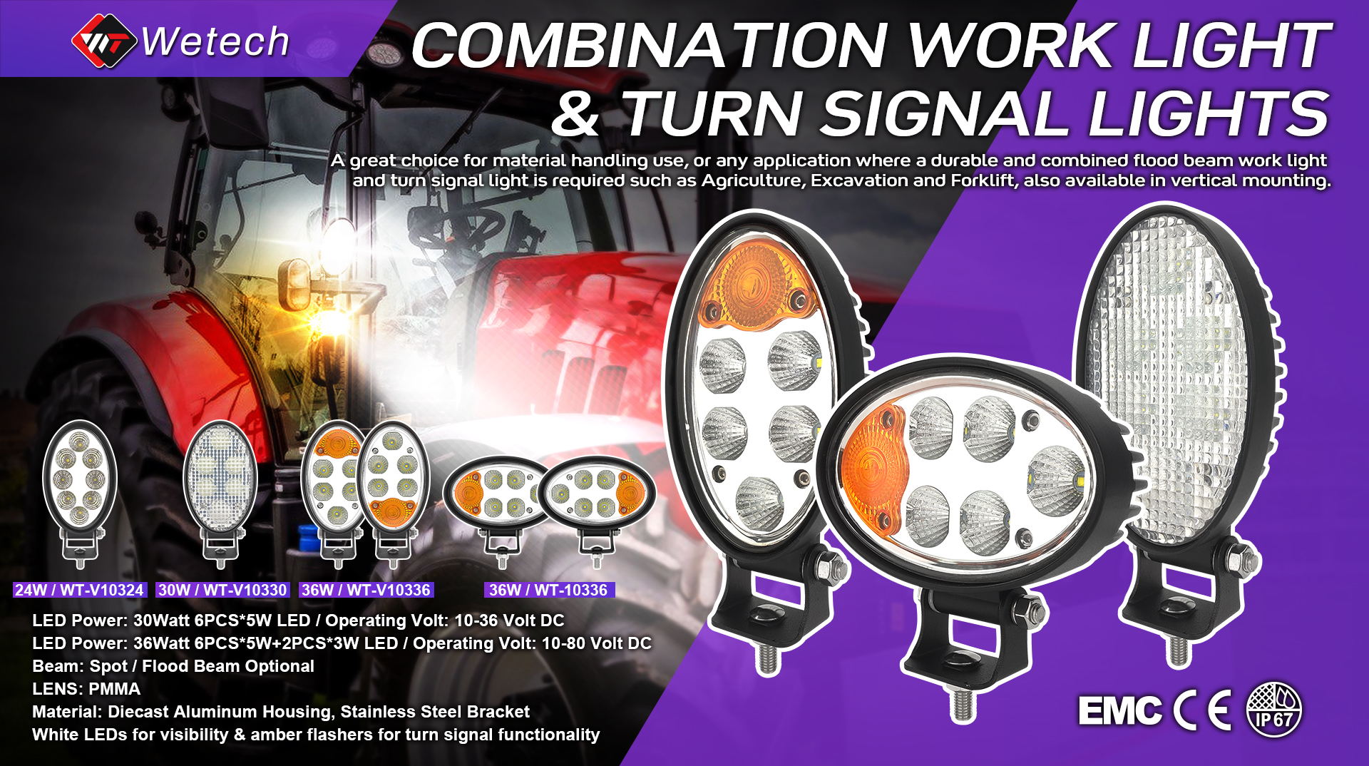 WETECH 36W Combination LED Work Lights 5.6" Oval Tractor Lights with Turn Signal