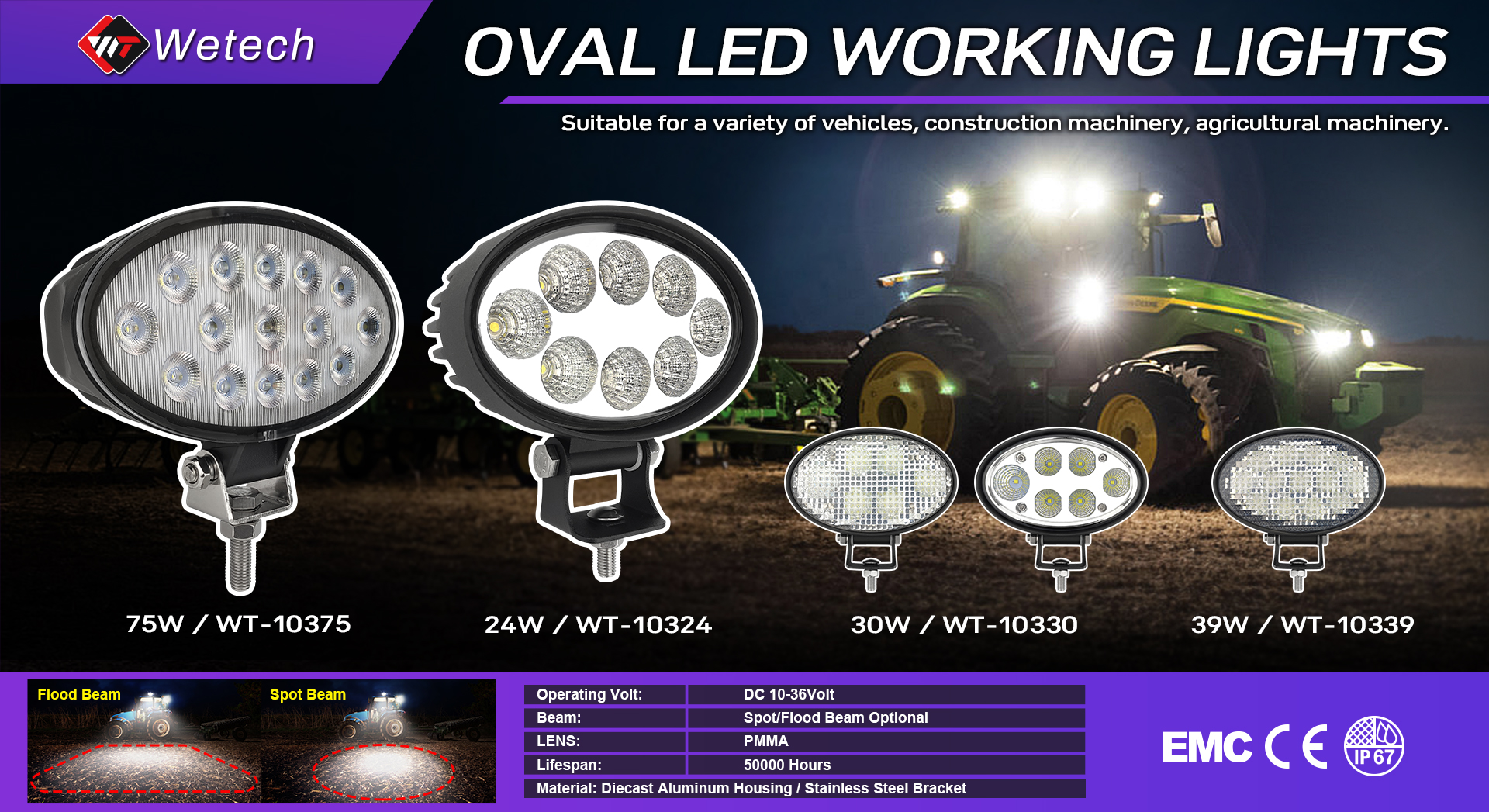 WETECH 75W Agriculture LED Work Lights Flood Beam 6.7" Oval Tractor Lights