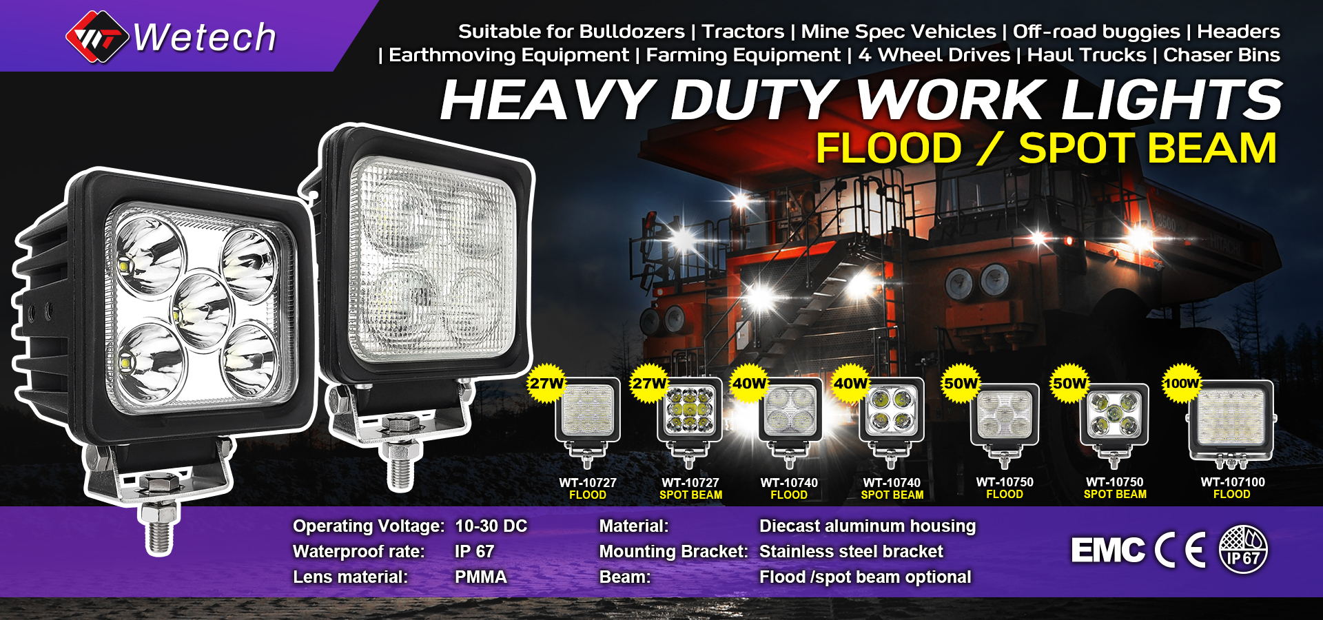 WETECH 100W 8" Square Heavy Duty LED Work Lights Flood or Spot Beam