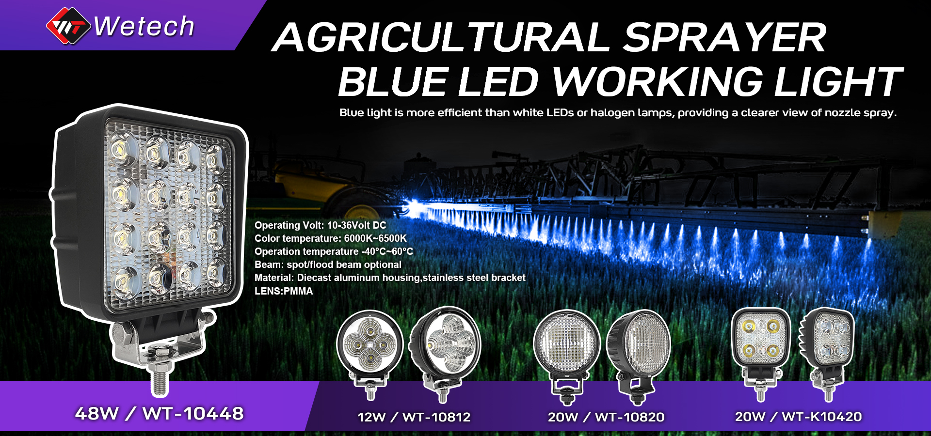 WETECH 20W Agriculture LED Work Lights Blue Sprayer Lights