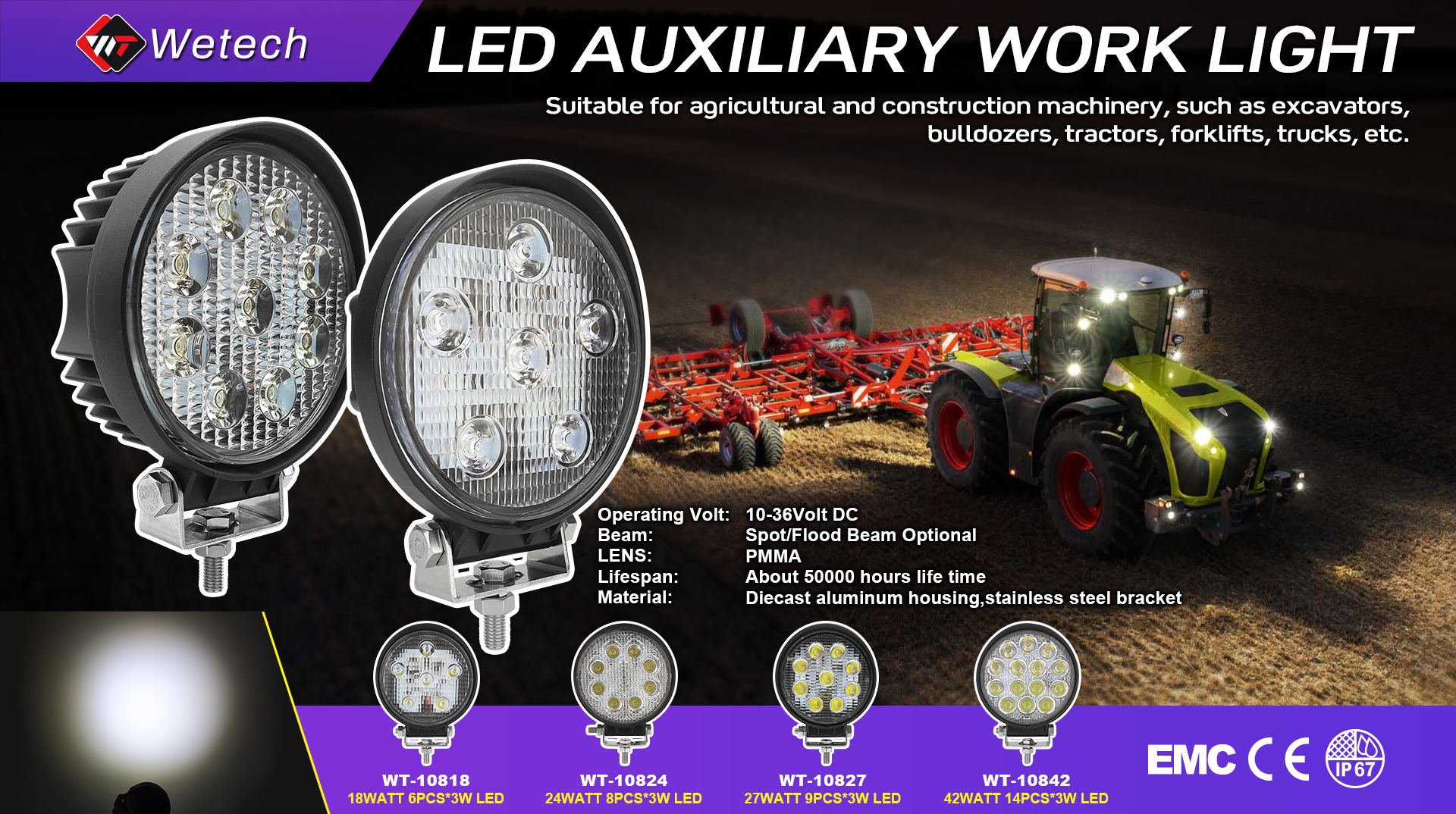 WETECH 24W 5" LED Work Lights Round Flood WorkLight