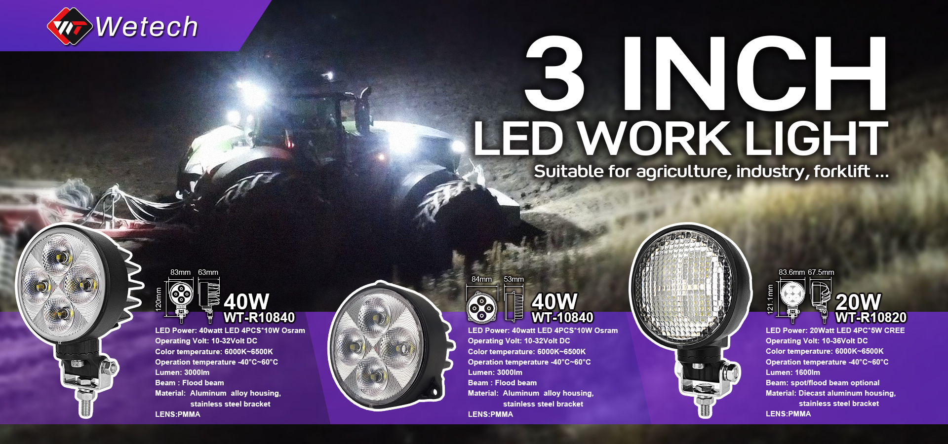 WETECH 40W Agriculture LED Work Lights Front Hood Light For Tractor