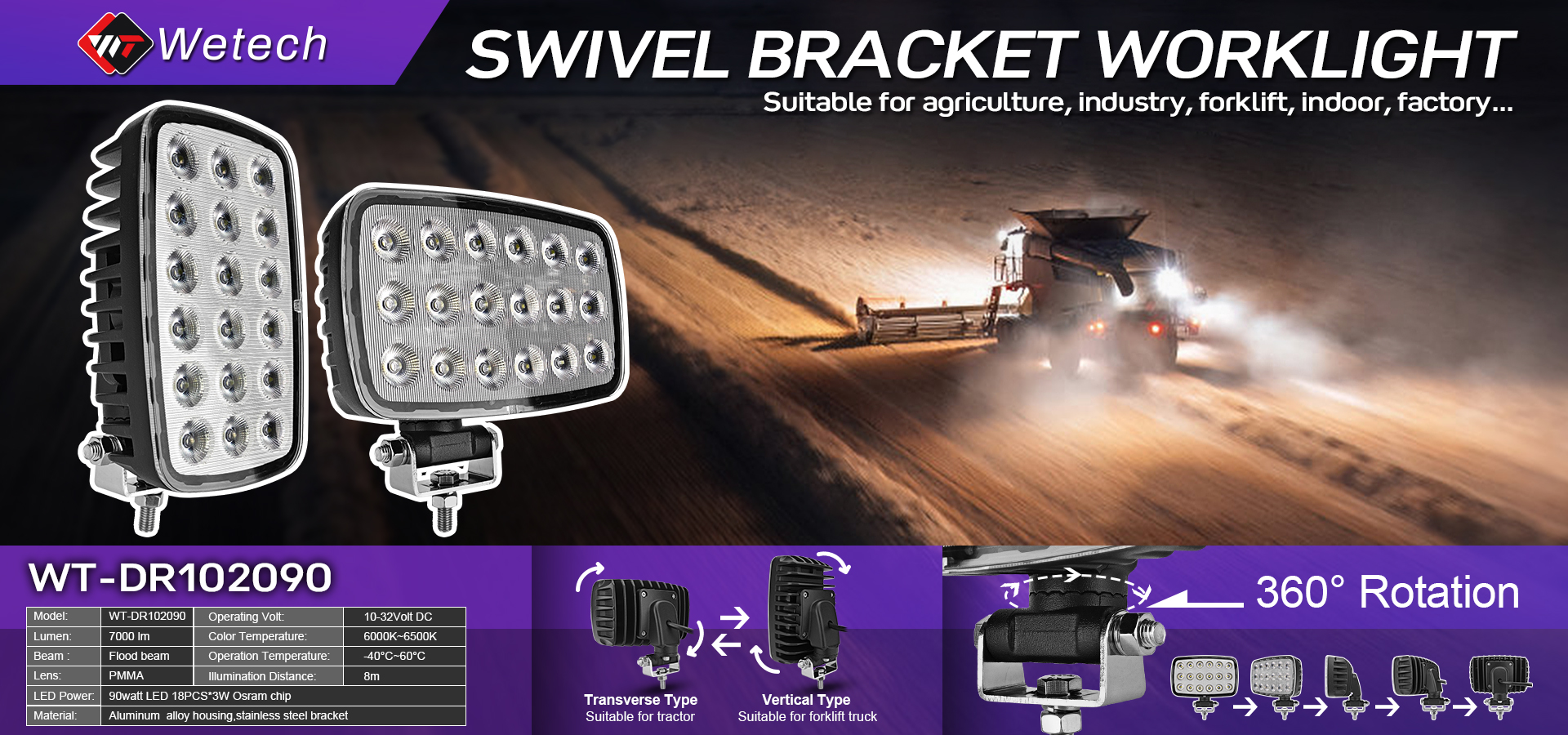 WETECH 90W 6.5" LED Work Lights Rectangular Swivel Bracket Flood WorkLight