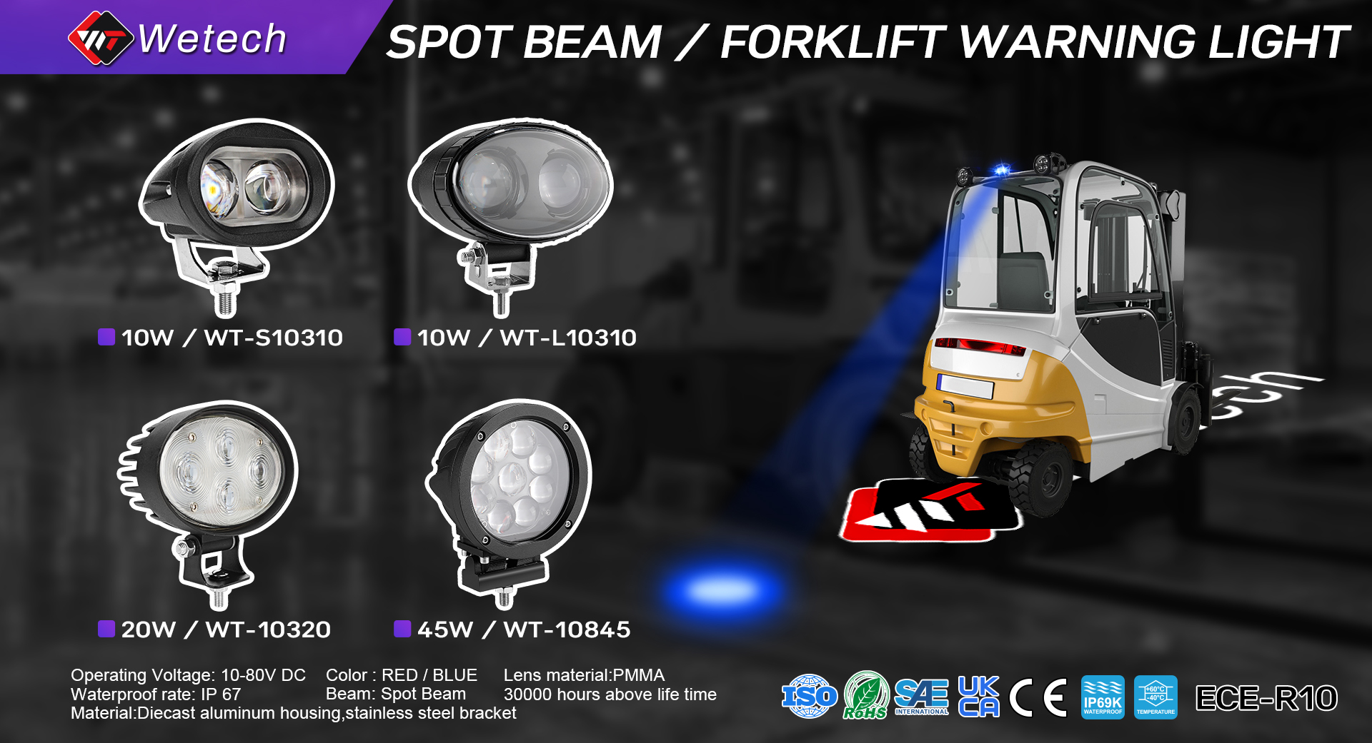 WETECH 10W Blue Spot Forklift Warning Lights Warehouse Safety Lamp