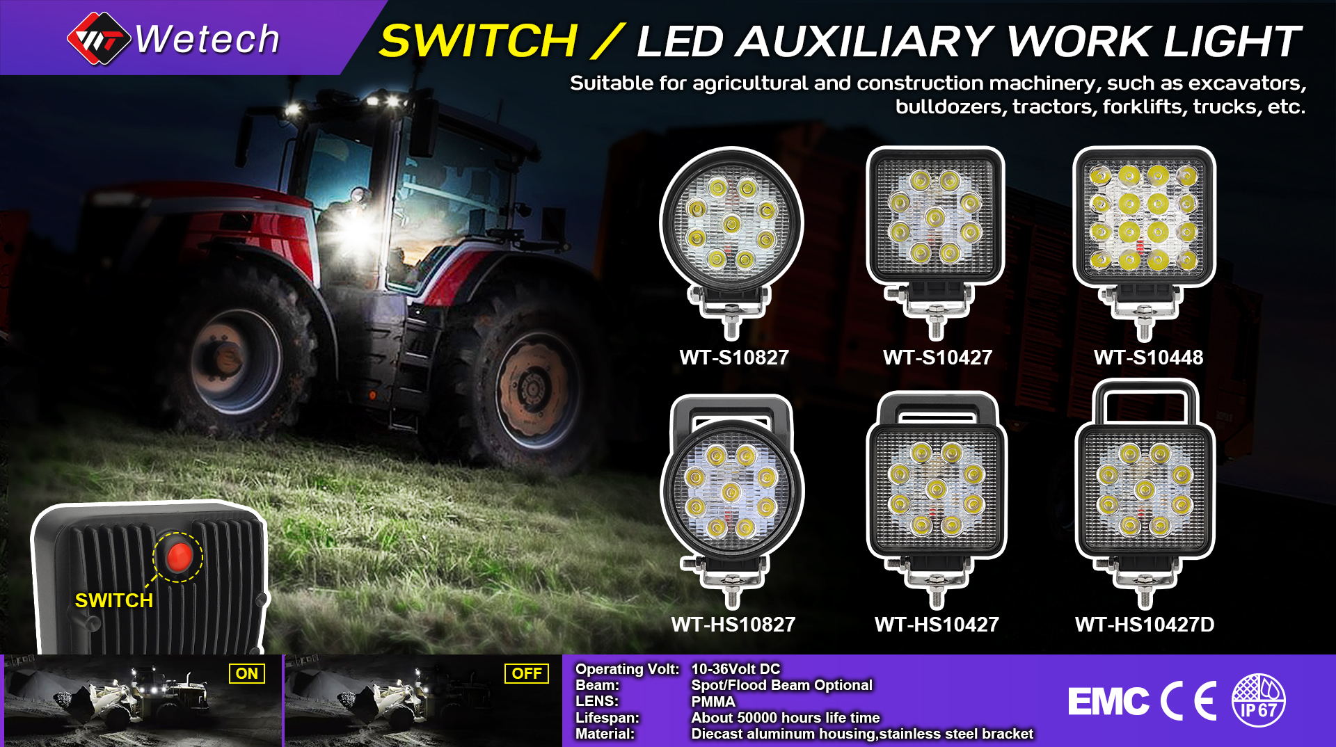 WETECH 27W 5" Square LED Work Lights With Switch