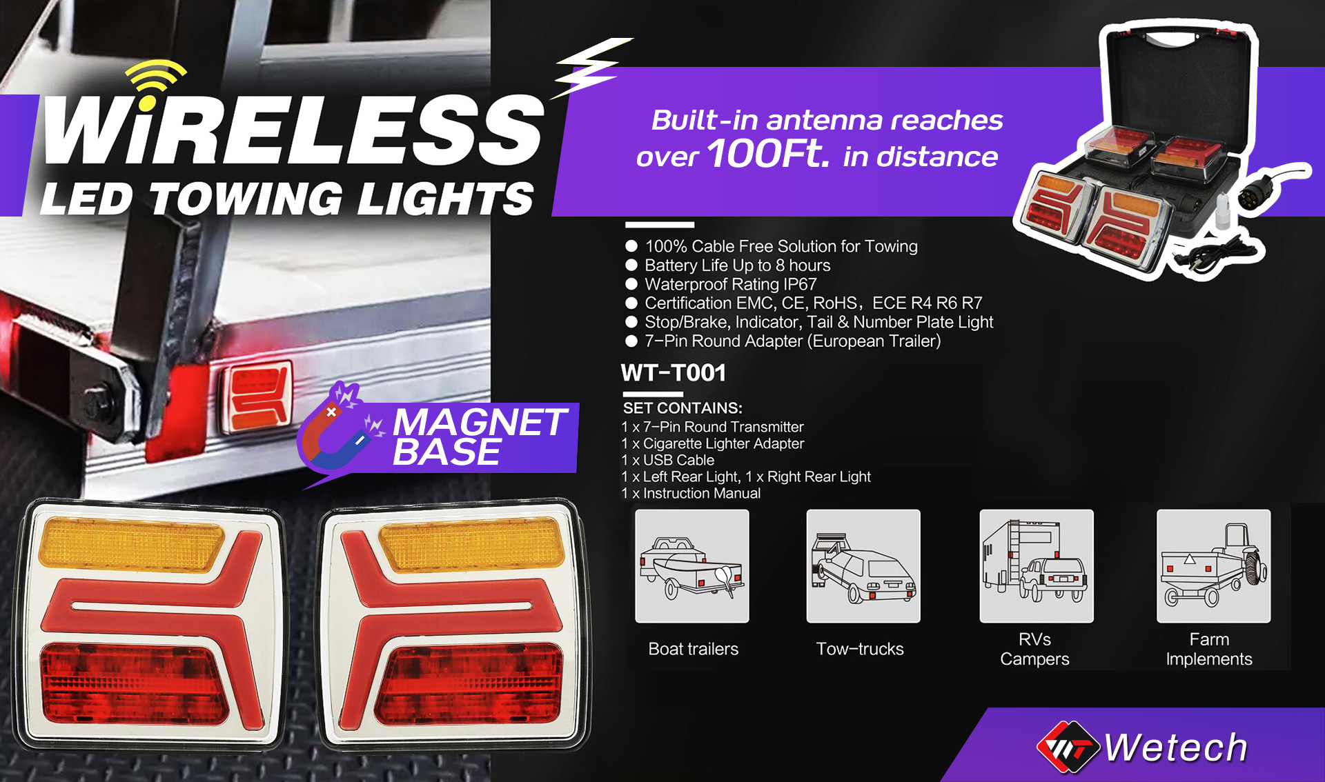 WETECH Wireless Trailer Light Kit Magnetic LED Towing Lights