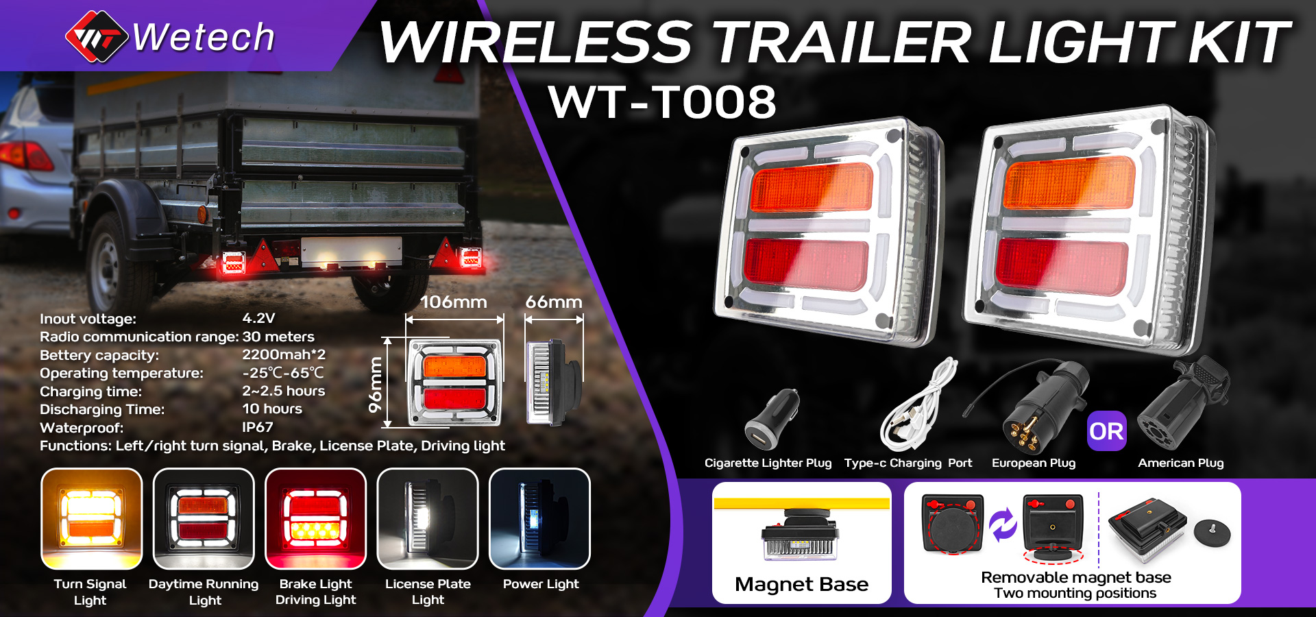 WETECH Wireless Trailer Light Kit Magnetic Base Conversion LED Towing Lights